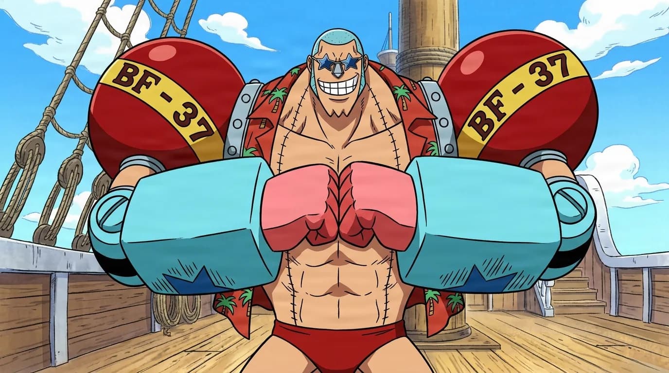 A muscular cyborg with blue star sunglasses and huge red mechanical forearms marked BF-37 brings his metal fists together in a proud flexing pose on a ship deck.