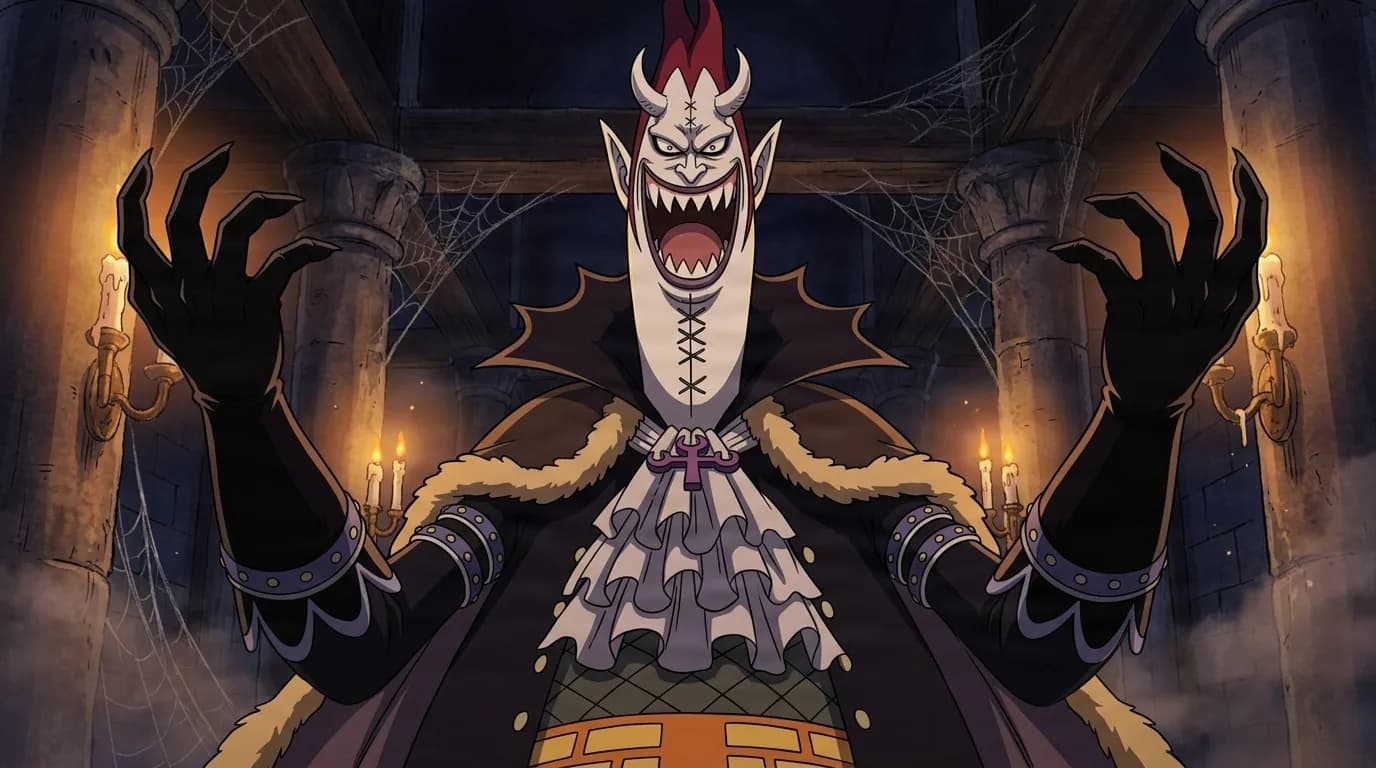 Tall pale-skinned villain with horns and a single red topknot bares sharp teeth in a wide grin, arms raised in black studded gloves, standing in a candlelit gothic mansion hall strung with cobwebs.