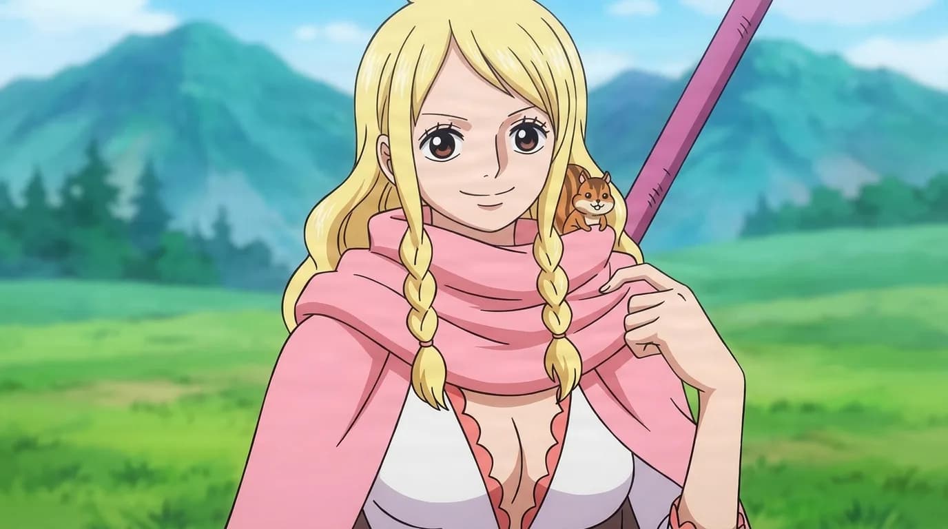Gerd from One Piece in a close-framed cel-shaded anime scene with a detailed environment