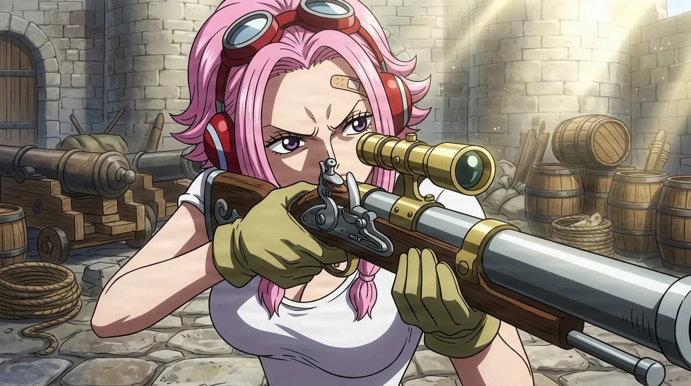 Ginny from One Piece in a close-framed cel-shaded anime scene with a detailed environment