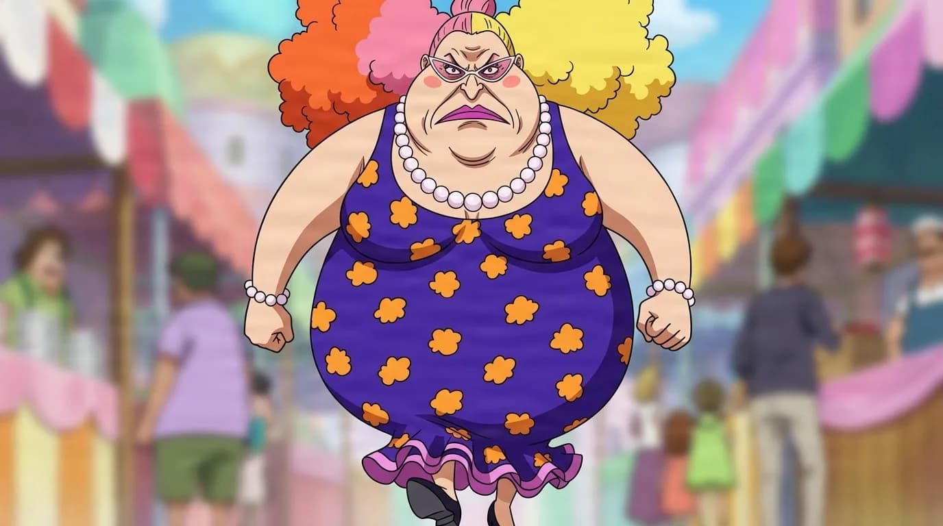 Giolla scowling in a festive Dressrosa street, multicolored curls, cat-eye glasses, pearls and a purple flowered dress