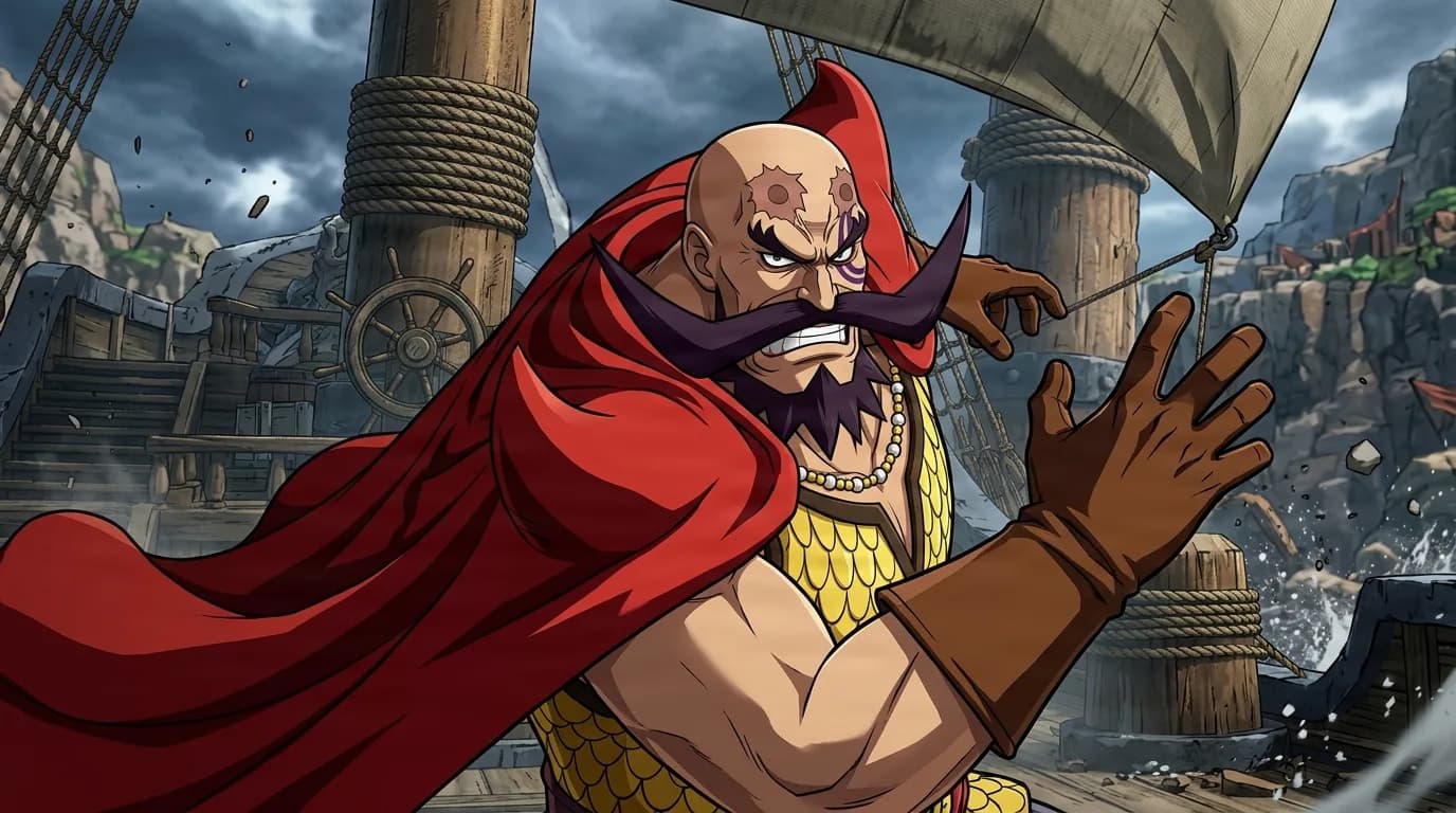 Harald from One Piece in a close-framed cel-shaded anime scene with a detailed environment