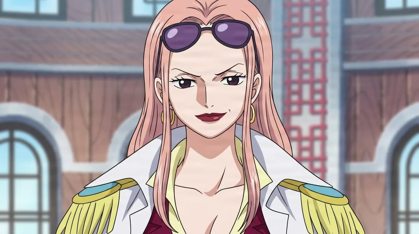 "Black Cage" Hina from One Piece in a close-framed cel-shaded anime scene with a detailed environment