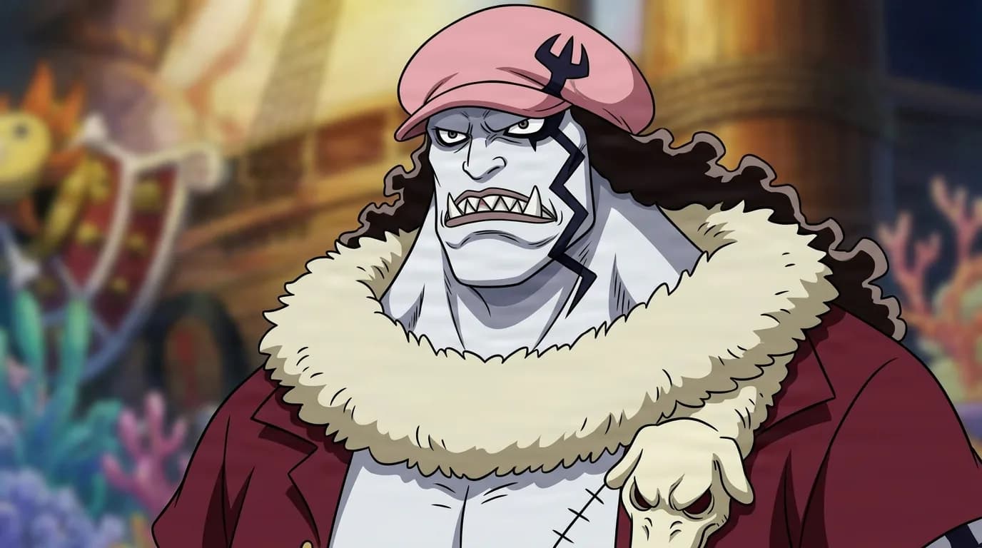 Hody Jones from One Piece in a close-framed cel-shaded anime scene with a detailed environment