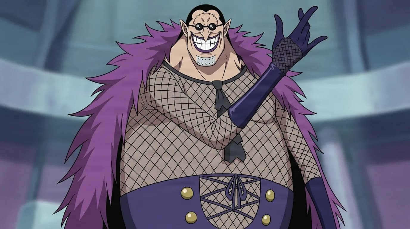 Doctor Hogback from One Piece in a close-framed cel-shaded anime scene with a detailed environment