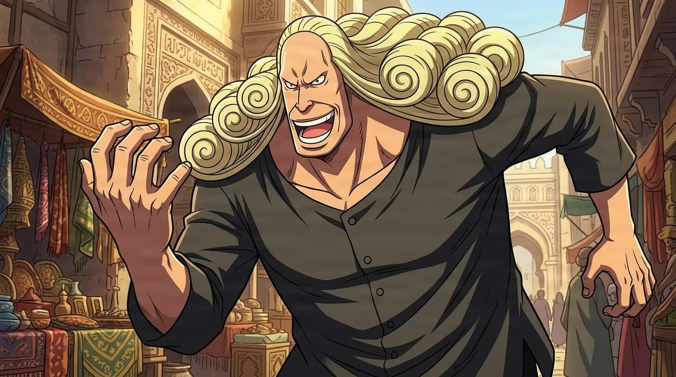 Igaram from One Piece in a close-framed cel-shaded anime scene with a detailed environment