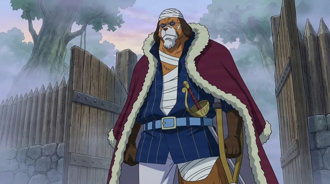 A tall dog-headed mink man with a bandaged head, blue tinted glasses and a fur-lined red cape over a blue pinstripe coat stands at a wooden fortress gate, one hand near the saber at his belt and a crutch under his arm