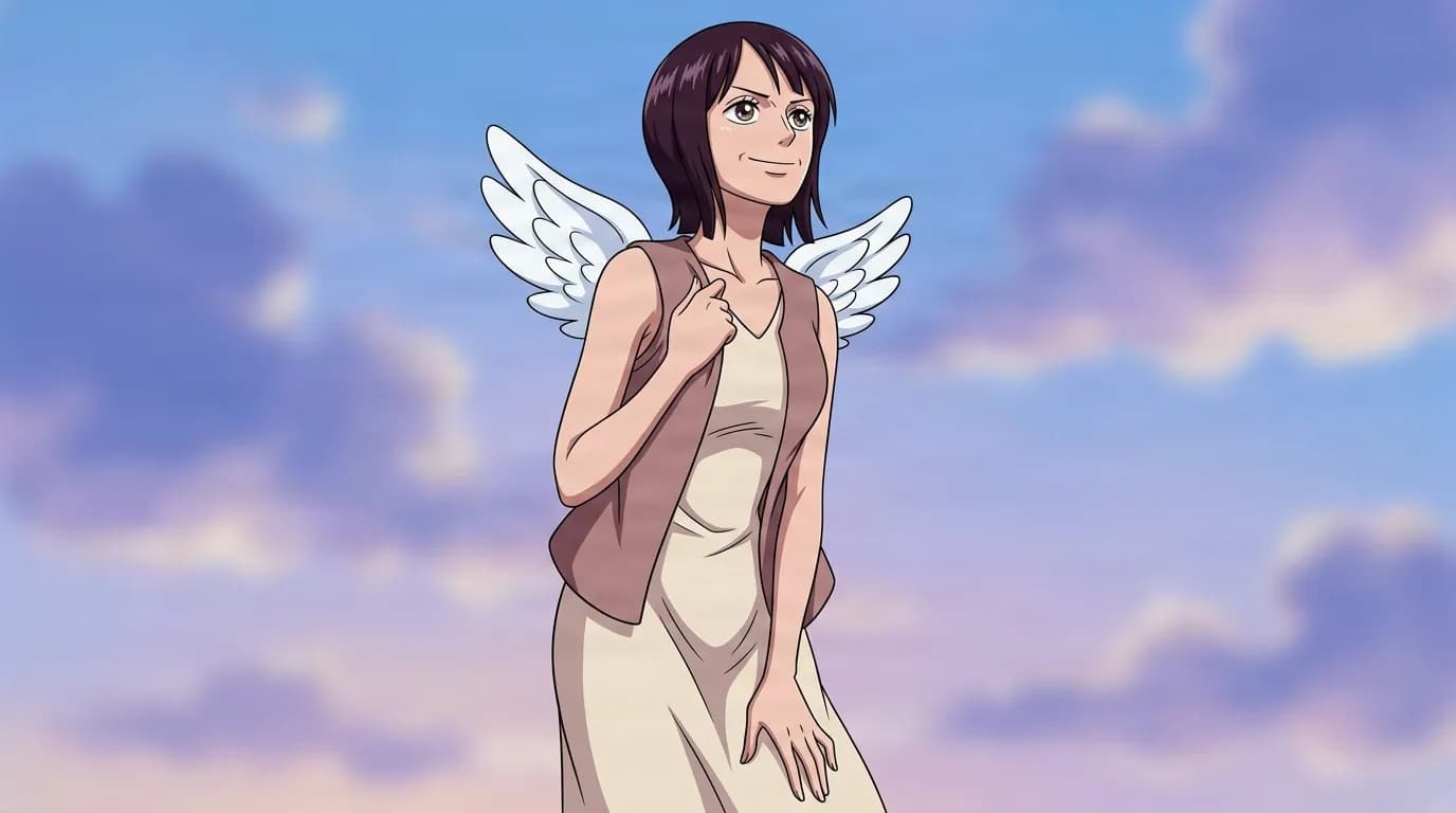 Isa from One Piece in a close-framed cel-shaded anime scene with a detailed environment