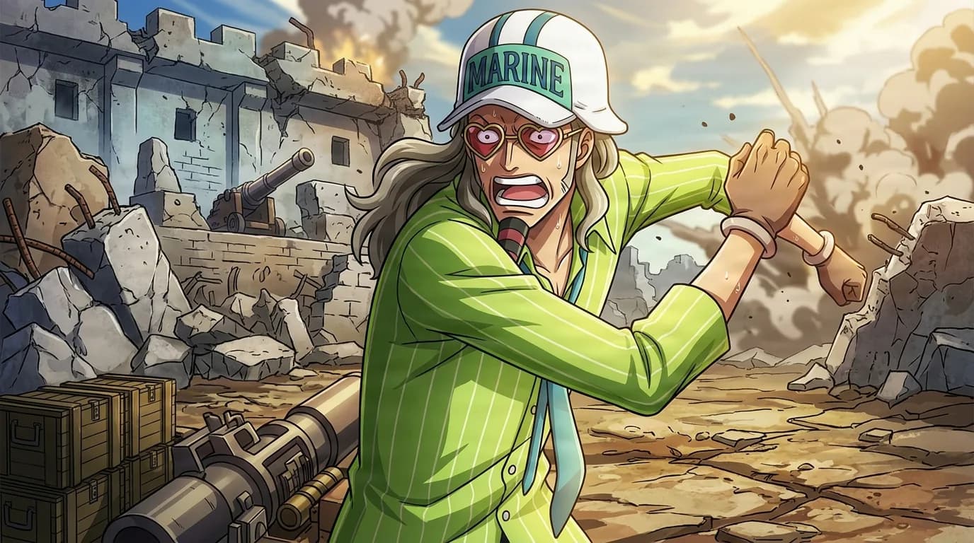 Jango from One Piece in a close-framed cel-shaded anime scene with a detailed environment