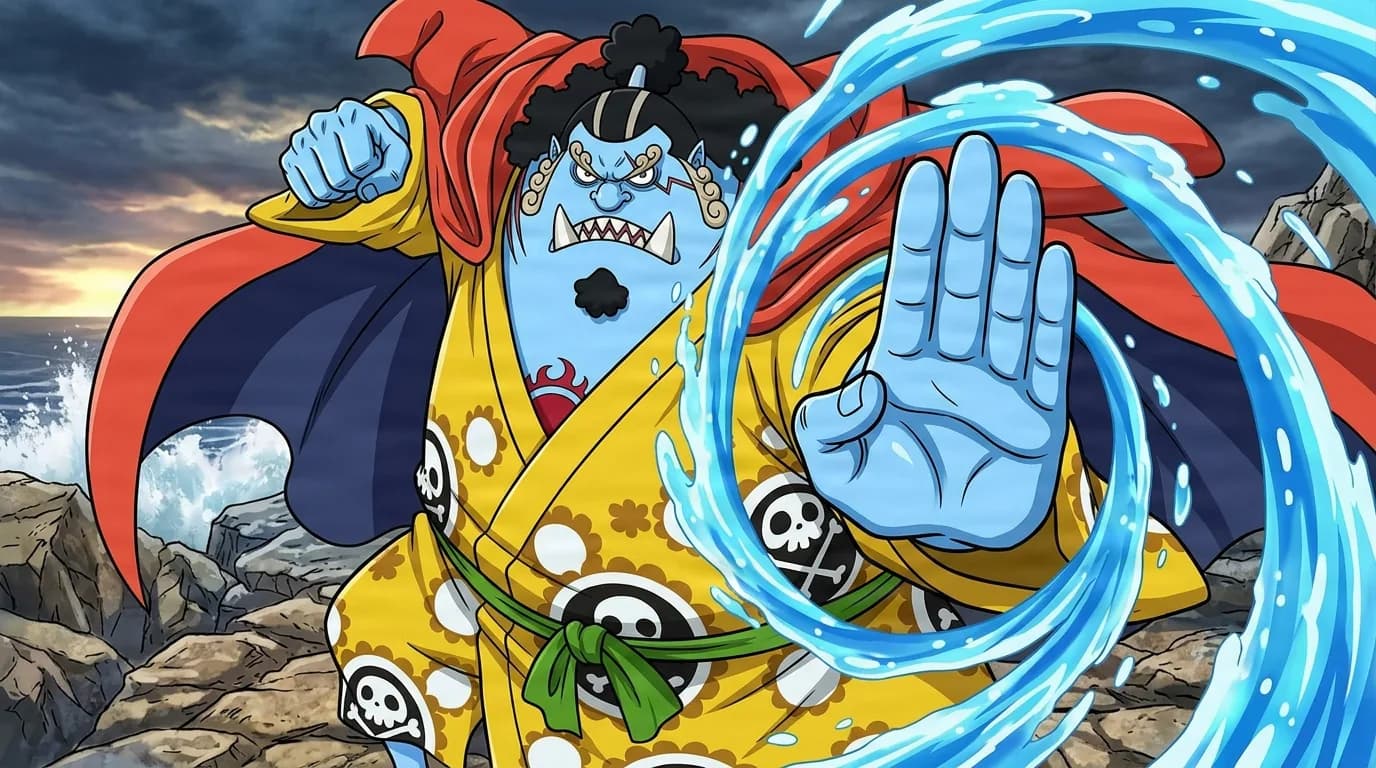 A large blue fish-man in a yellow skull-patterned kimono thrusts one open palm forward with a swirling ring of water, standing on a rocky shore under a stormy sky.