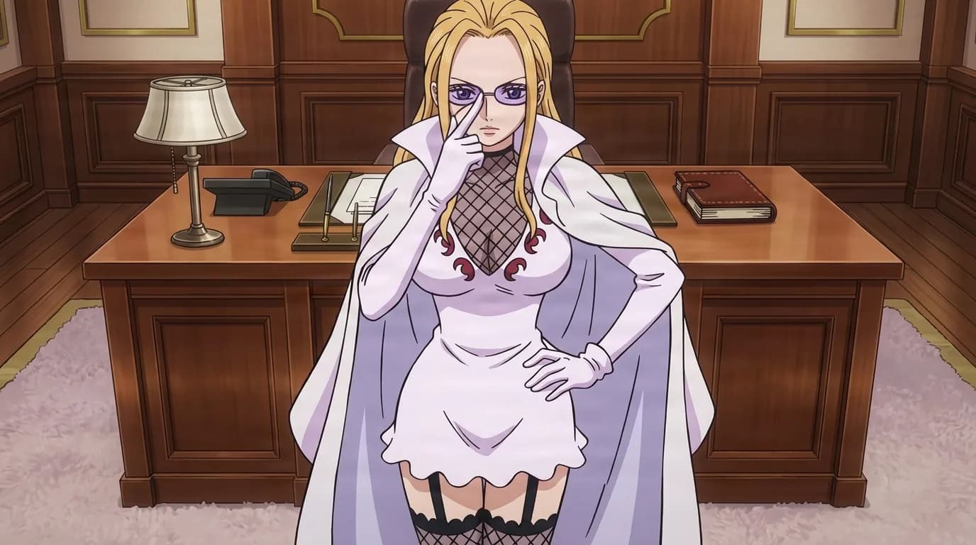 Blonde woman in glasses wearing a white high-collared dress over a dark fishnet top with a pale coat off her shoulders and fishnet stockings, adjusting her glasses with one hand and a hand on her hip in a wood-paneled office.