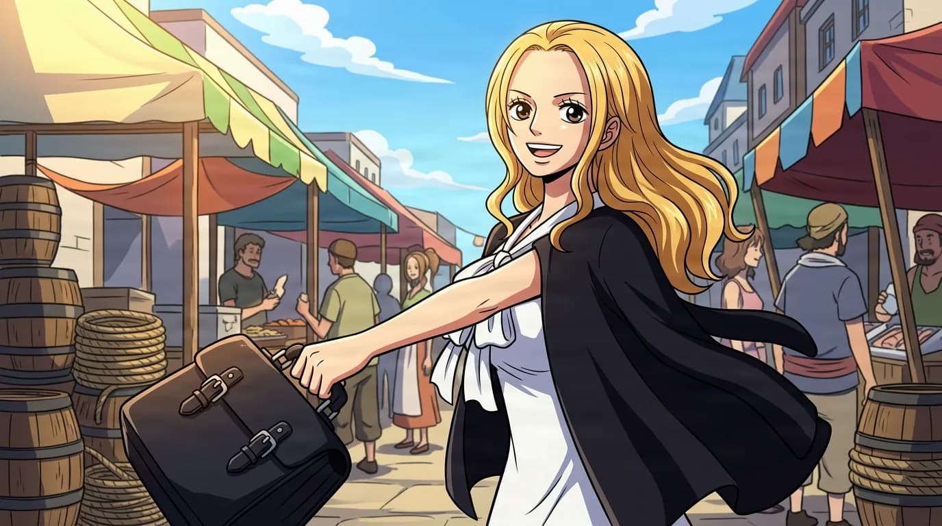 Kaya from One Piece in a close-framed cel-shaded anime scene with a detailed environment