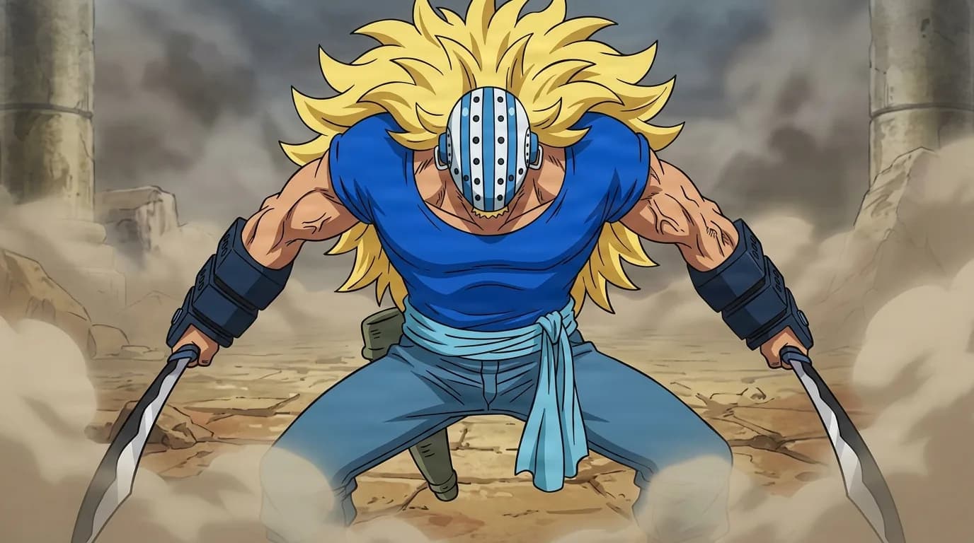 Long blonde-haired fighter in a round holed helmet crouching in a combat stance with a bladed weapon in each hand on a dusty ruined battlefield.