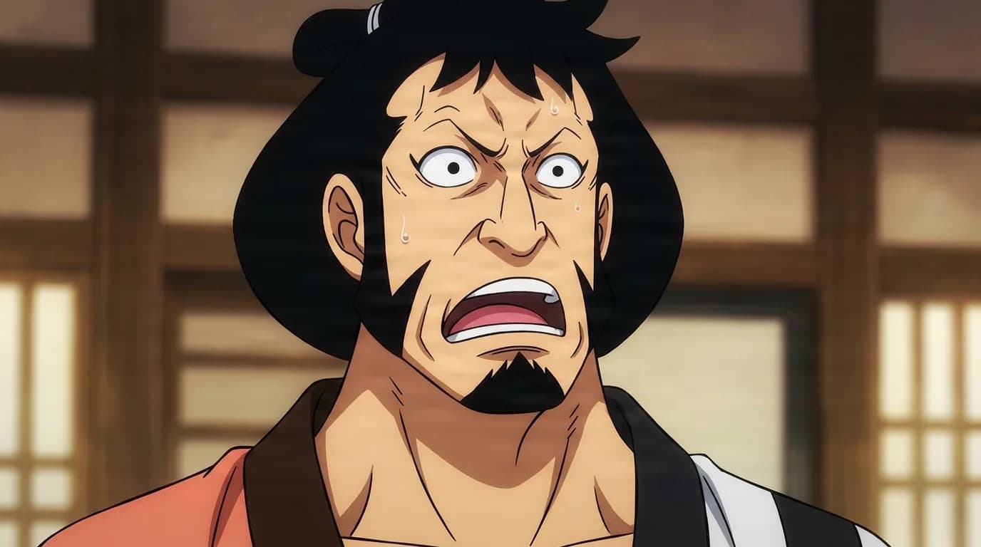 Kin'emon from One Piece in a close-framed cel-shaded anime scene with a detailed environment
