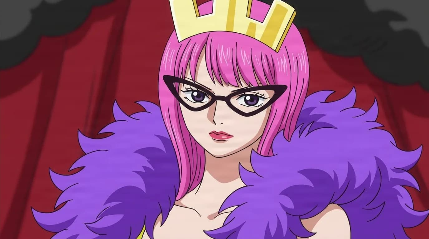 『ONE PIECE』のキャラクター、キンデレラ。細部まで描き込まれた背景を伴う、クローズアップのセル画調アニメシーンとして描かれている。