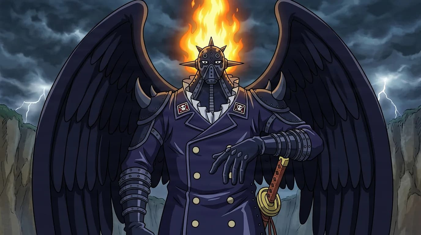 Towering winged figure in a dark studded greatcoat and a horned full-face mask with flames rising from his head rests a hand on a sheathed sword under a stormy lightning sky.
