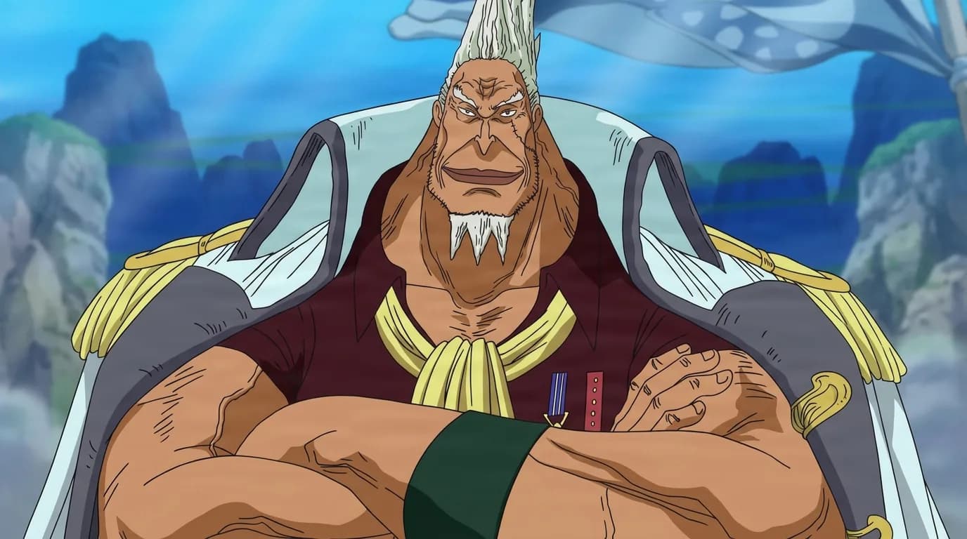 Kong from One Piece in a close-framed cel-shaded anime scene with a detailed environment