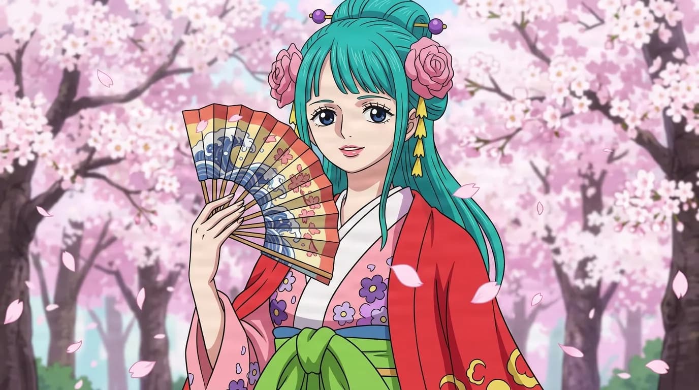 A young woman with long teal hair, pink rose hair ornaments and a red and pink floral kimono with a green sash holds an open folding fan beside her face among falling cherry blossoms