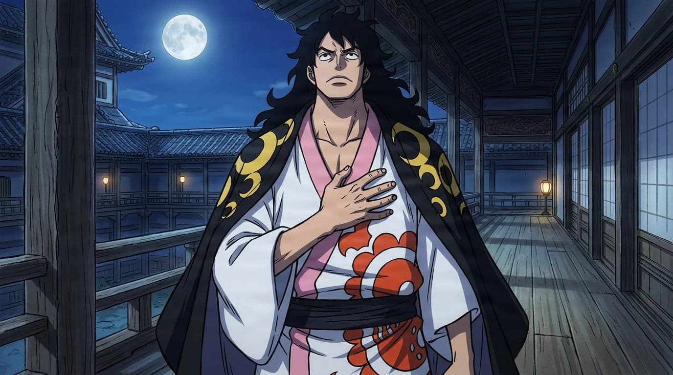 A young man with long black hair in a white and pink kimono with red flame patterns and a black cloak presses a hand to his chest, gazing up at the full moon on a wooden castle veranda at night