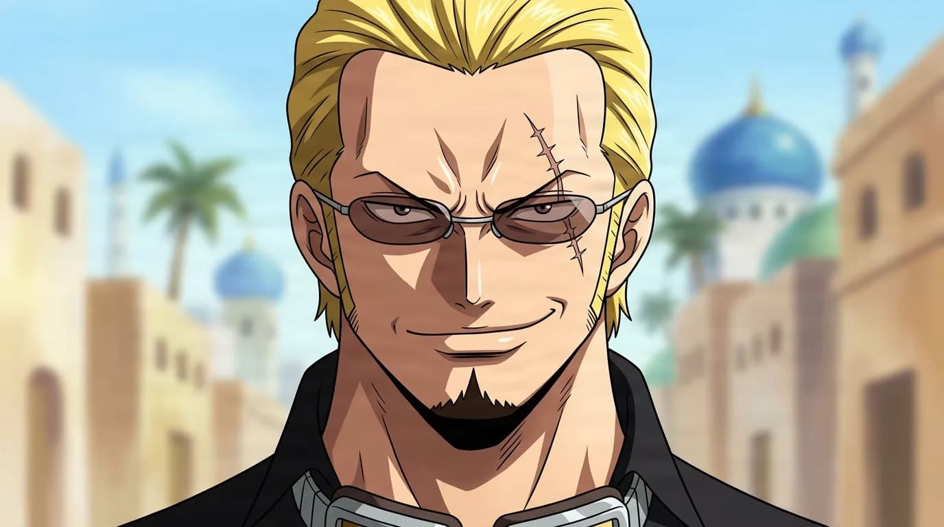 Koza from One Piece in a close-framed cel-shaded anime scene with a detailed environment