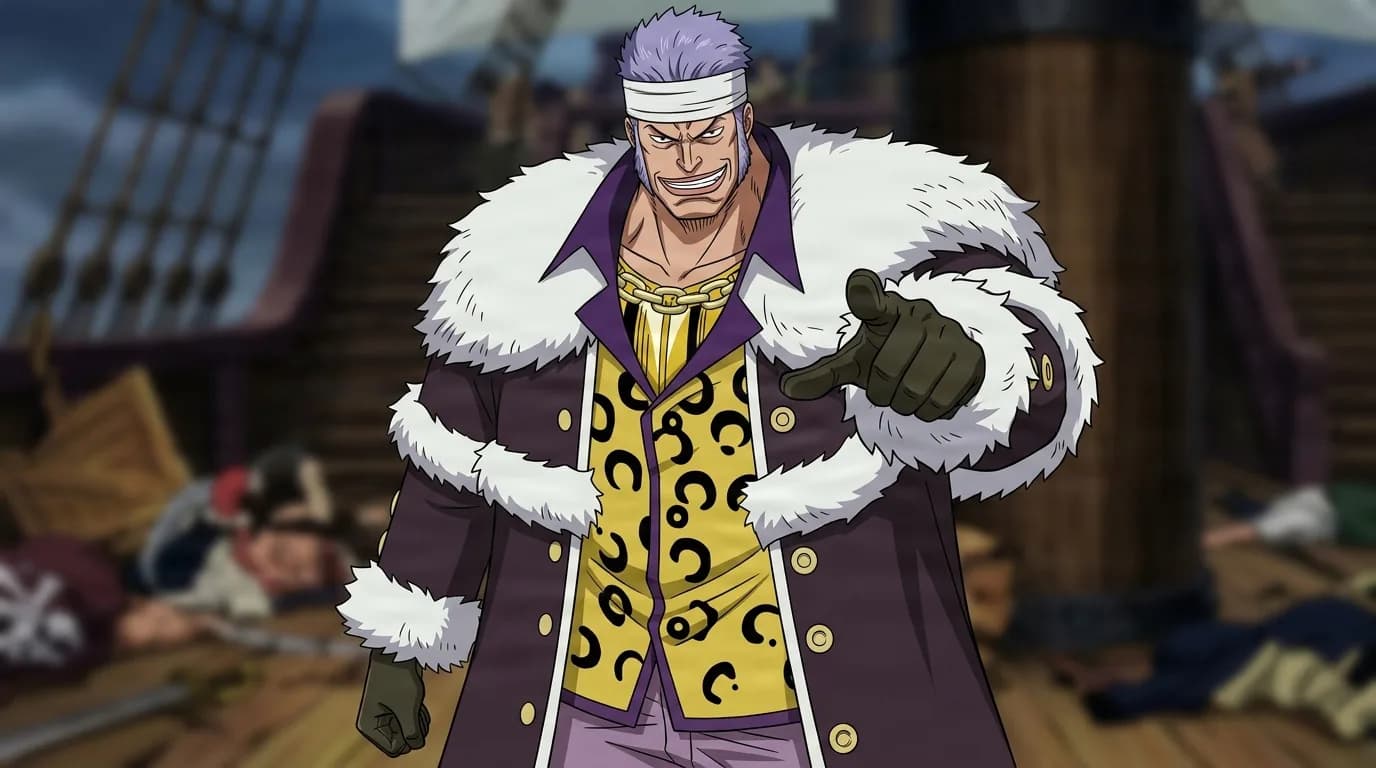 Don Krieg from One Piece in a close-framed cel-shaded anime scene with a detailed environment