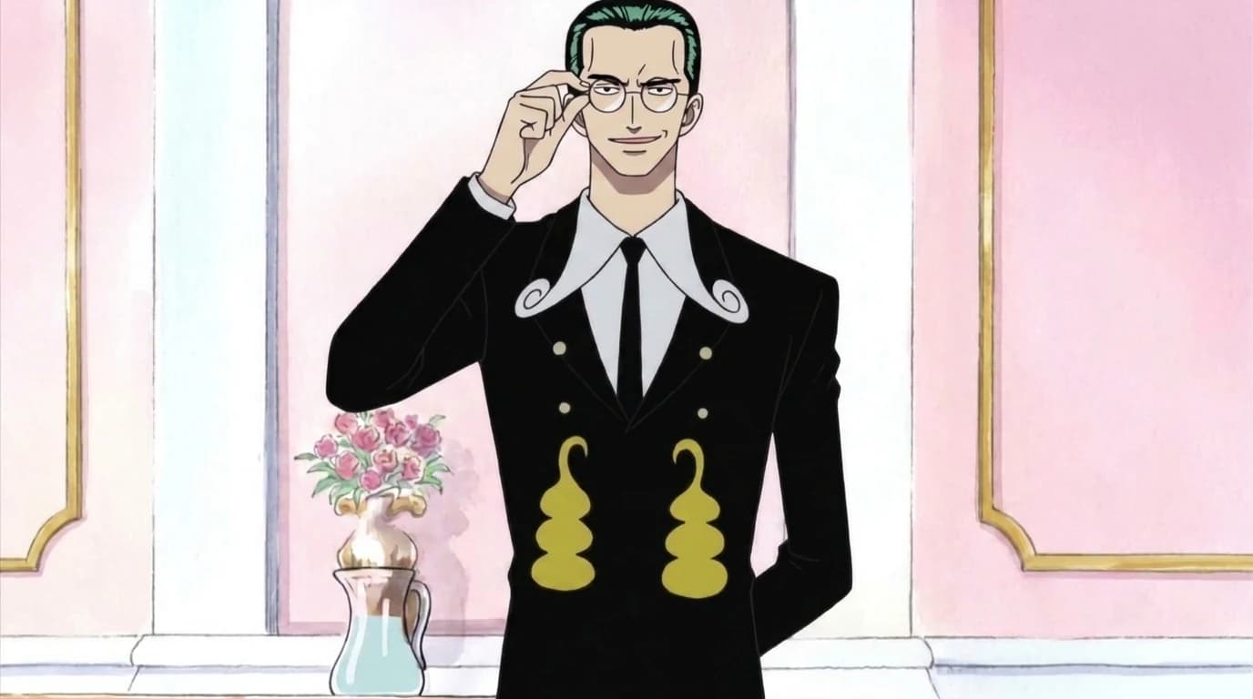 Kuro from One Piece in his Klahadore butler disguise, pushing his round glasses up with his palm in the pink hallway of the Syrup Village mansion