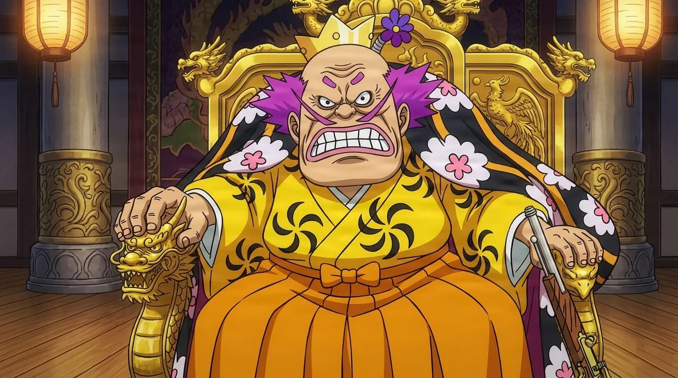 A short heavy older man with a bald head, spiky purple side hair and a small gold crown grits his teeth angrily while seated on an ornate golden dragon throne, wearing a yellow kimono with black swirl patterns and holding a flintlock pistol