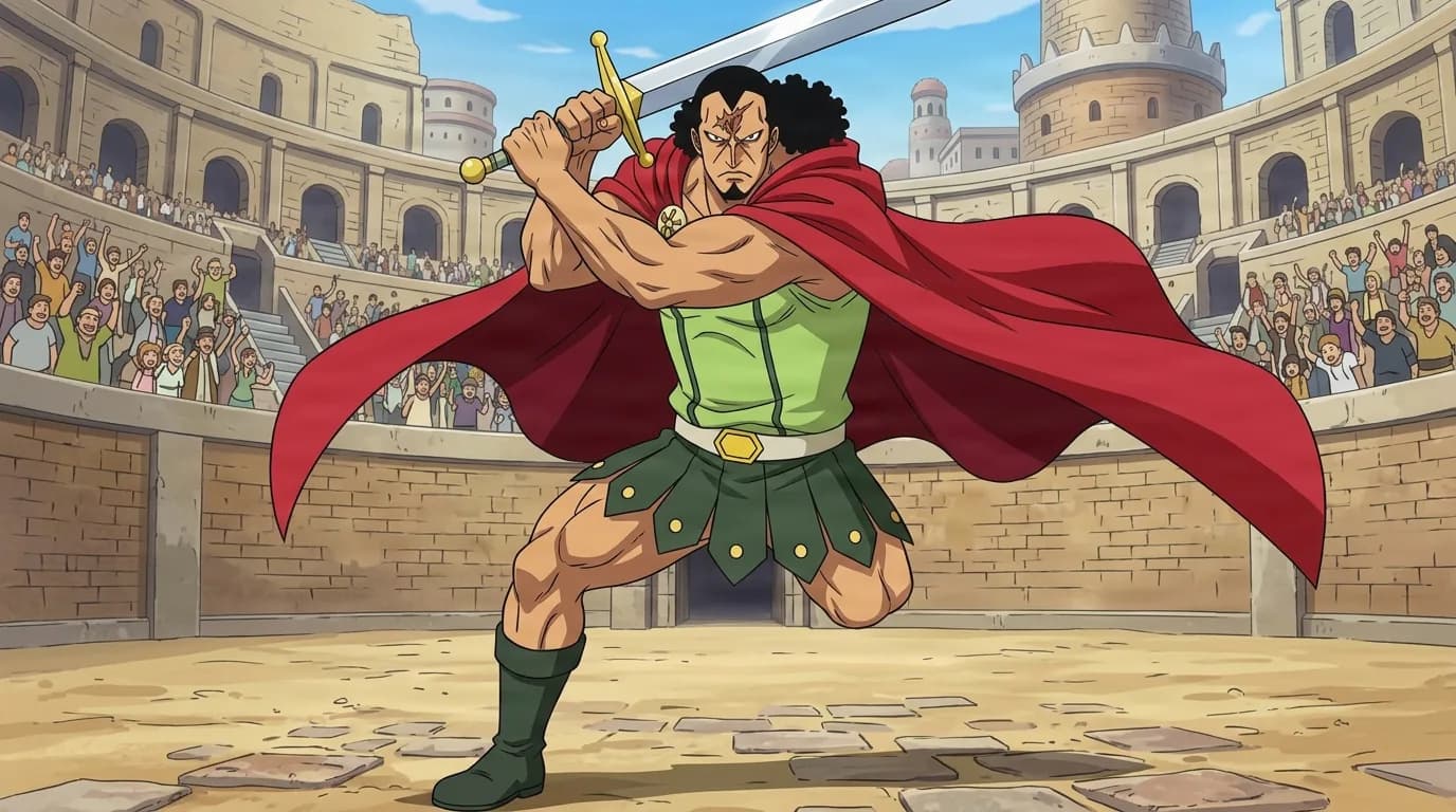 Muscular scarred gladiator in a green tunic and red cape raises a golden sword in a packed sunlit colosseum arena