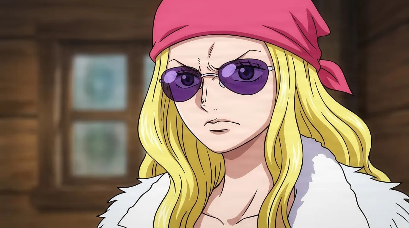 Lily from One Piece in a close-framed cel-shaded anime scene with a detailed environment