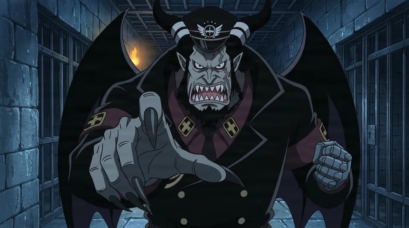 Horned demon warden in a black cross emblazoned coat with bat wings points forward with a snarl inside a stone prison corridor