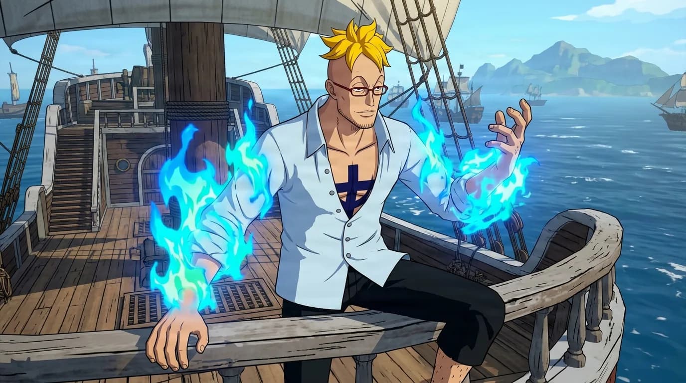 Marco leaning on a ship railing with blue phoenix flames flickering along both forearms, open white shirt and red glasses, fleet and green islands on the sea behind him.