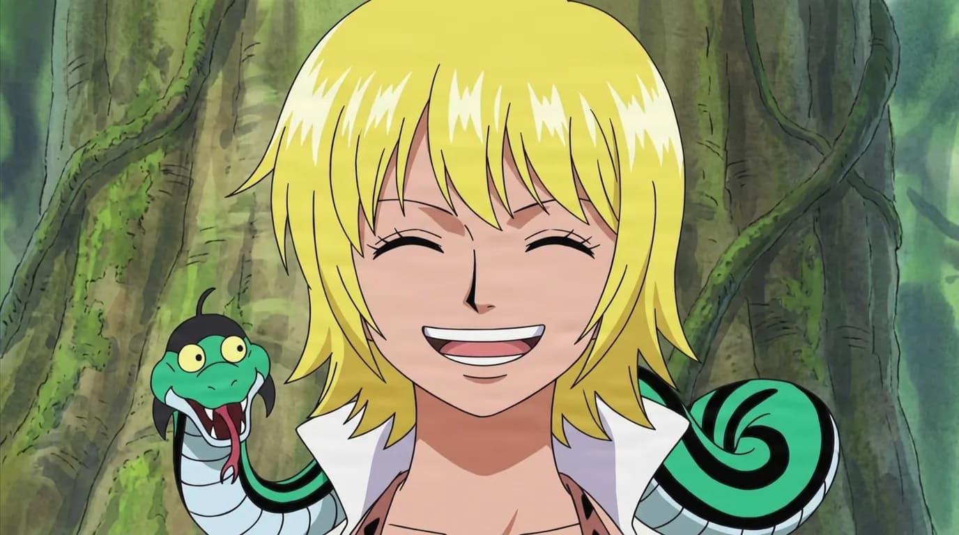 Marguerite from One Piece in a close-framed cel-shaded anime scene with a detailed environment