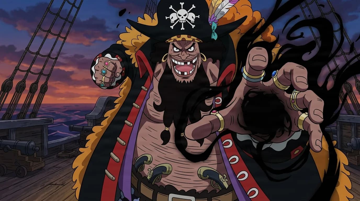 Dark-skinned pirate with a thick black beard and a gap-toothed grin reaches a ring-covered hand toward the viewer as black tendrils swirl, wearing a skull tricorn hat and fur-collared coat on a ship at dusk.