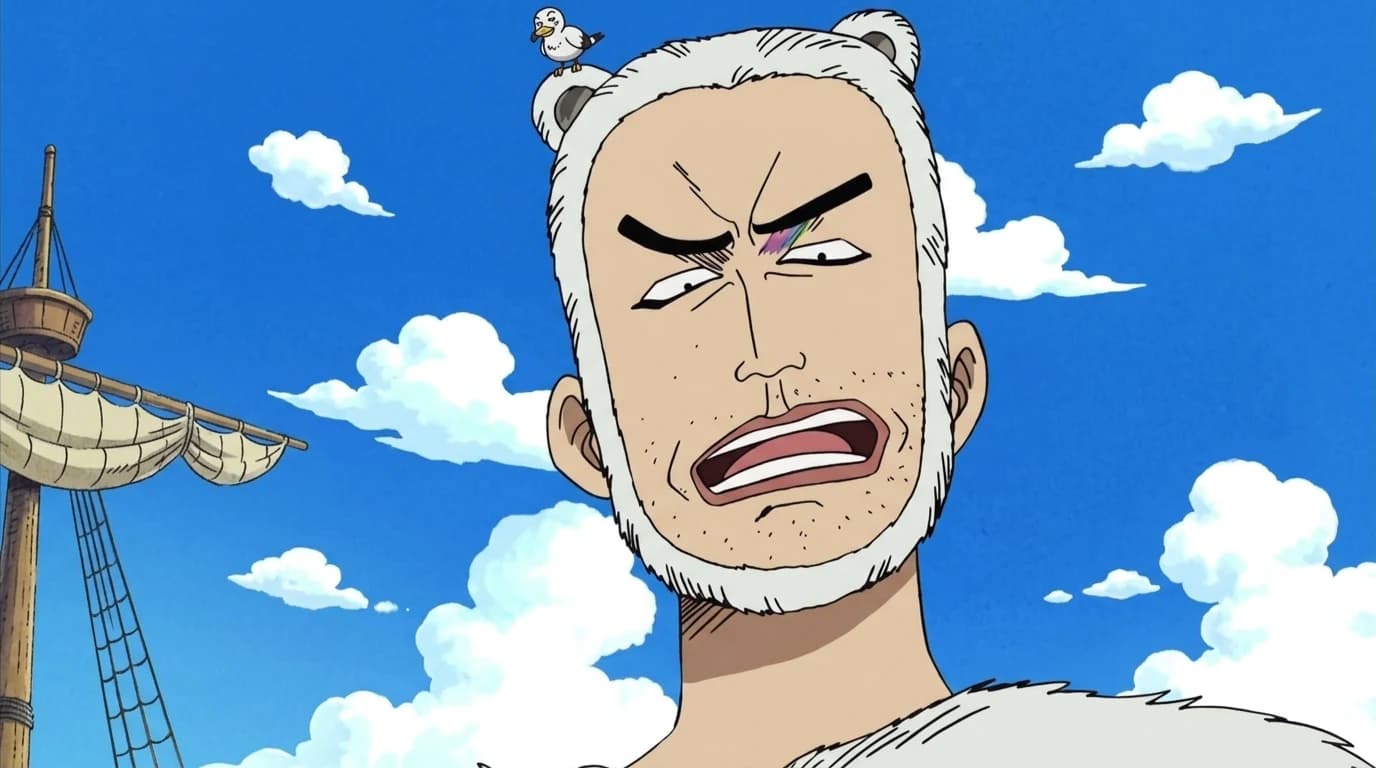 Mohji from One Piece in his white fur animal-ear hood aboard a ship, a small bird perched on his head against a blue sky