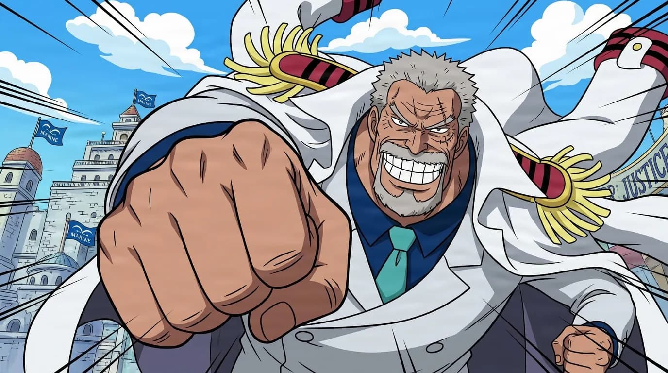 Grinning elderly Marine with grey hair and a facial scar throws a huge fist toward the viewer, a white gold-epauletted coat billowing behind him, Marine flags and buildings under a blue sky.