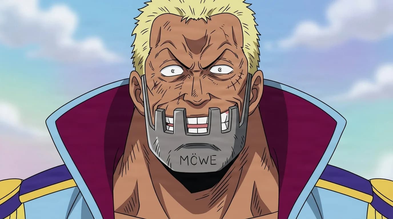 Morgan from One Piece in a close-framed cel-shaded anime scene with a detailed environment
