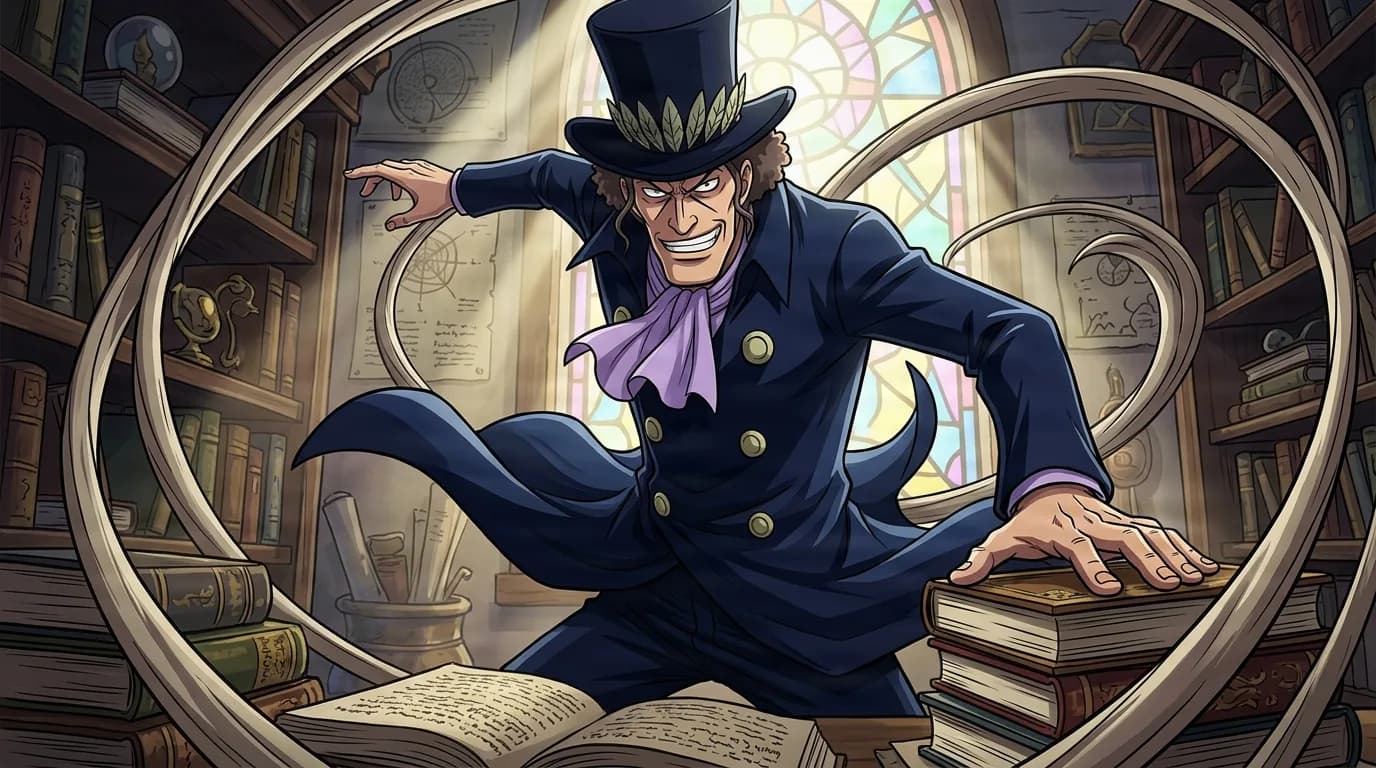 Mr. 11 from One Piece in a close-framed cel-shaded anime scene with a detailed environment