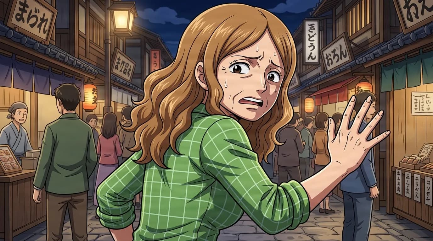Muti from One Piece in a close-framed cel-shaded anime scene with a detailed environment