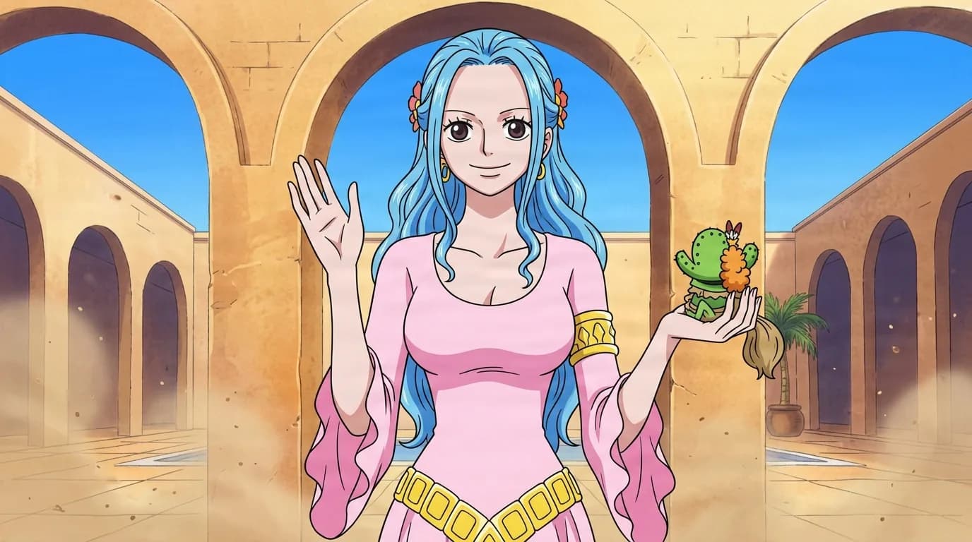 Long blue-haired woman in a pink dress with a gold belt waves with one hand while balancing a tiny green cactus creature on the other, smiling inside a sunlit sandstone desert courtyard.