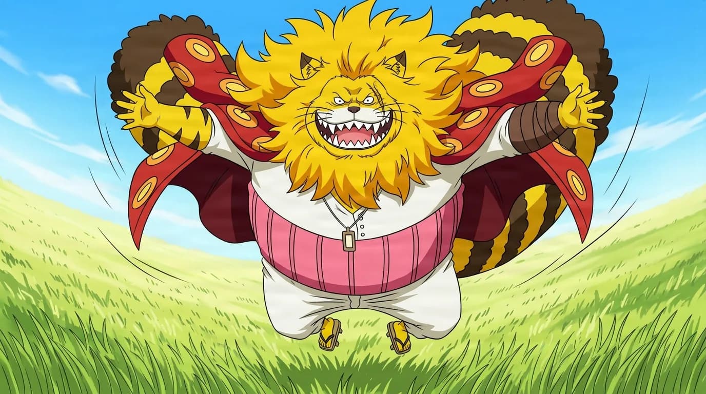 A rotund lion-maned mink man with a wide fanged grin leaps across a sunny grassy field, arms flung wide, wearing a pink striped shirt, white pants and a red cape spotted with orange