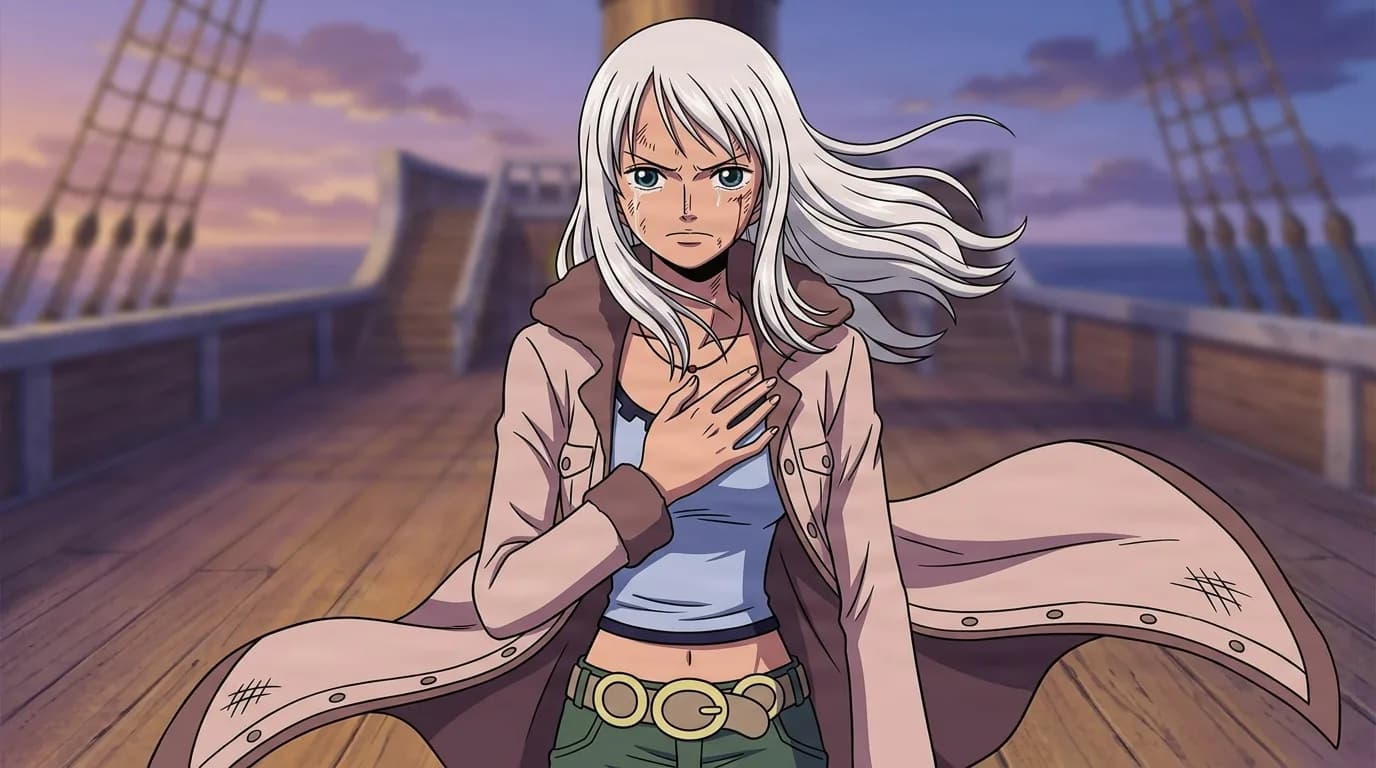 Silver haired woman in a tan coat and blue tank top rests a hand on her chest on a wooden ship deck at sunset