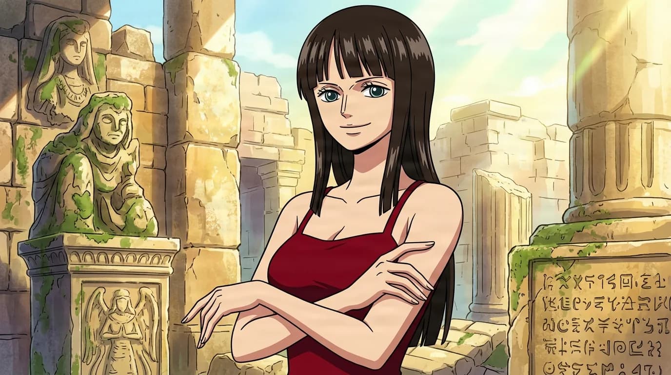 A long dark haired woman in a red halter dress stands with arms crossed and a calm smile among sunlit ancient stone ruins and carved statues.