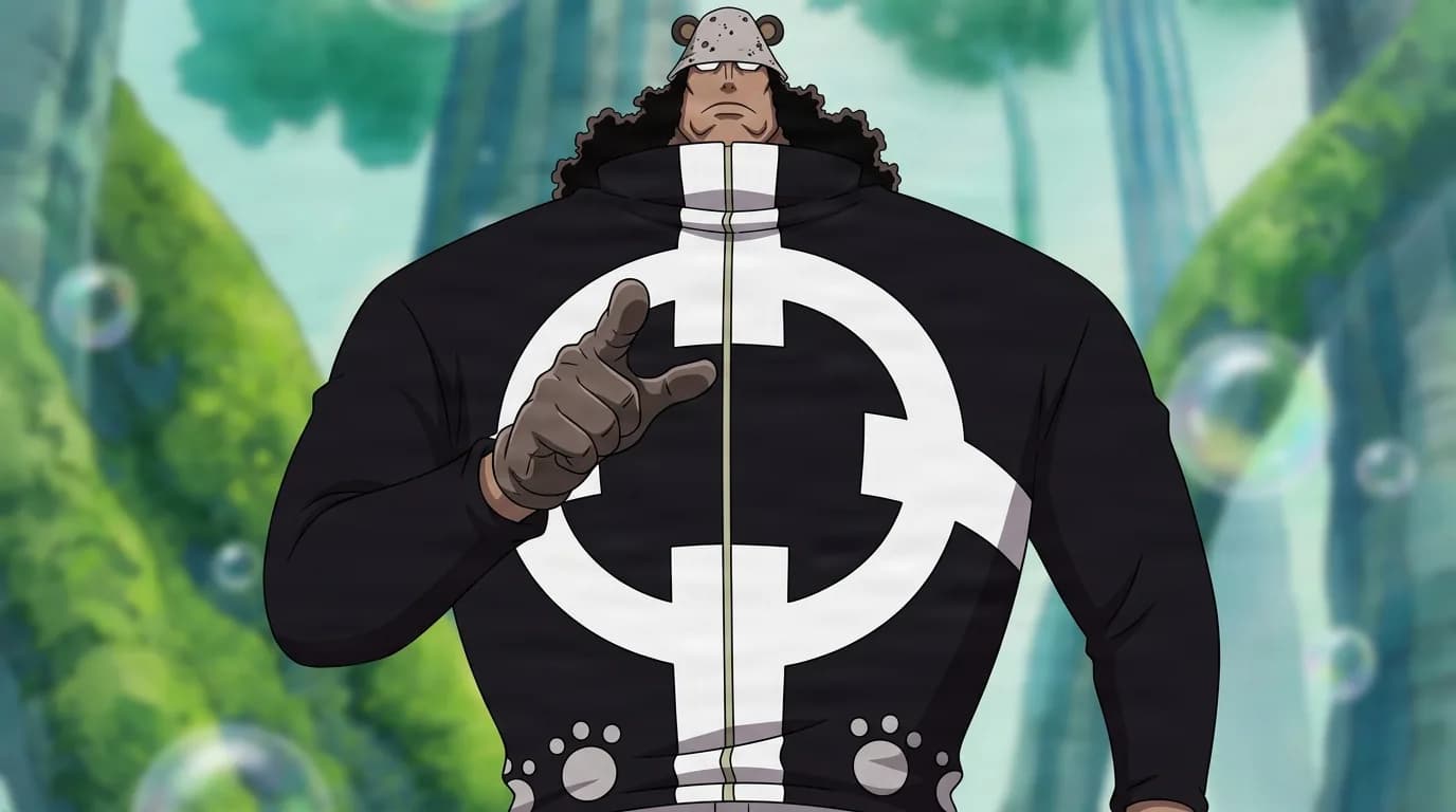 Pacifista from One Piece in a close-framed cel-shaded anime scene with a detailed environment