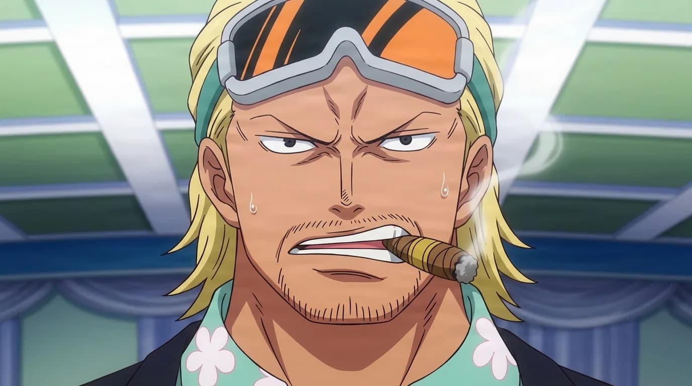 Paulie from One Piece in a close-framed cel-shaded anime scene with a detailed environment