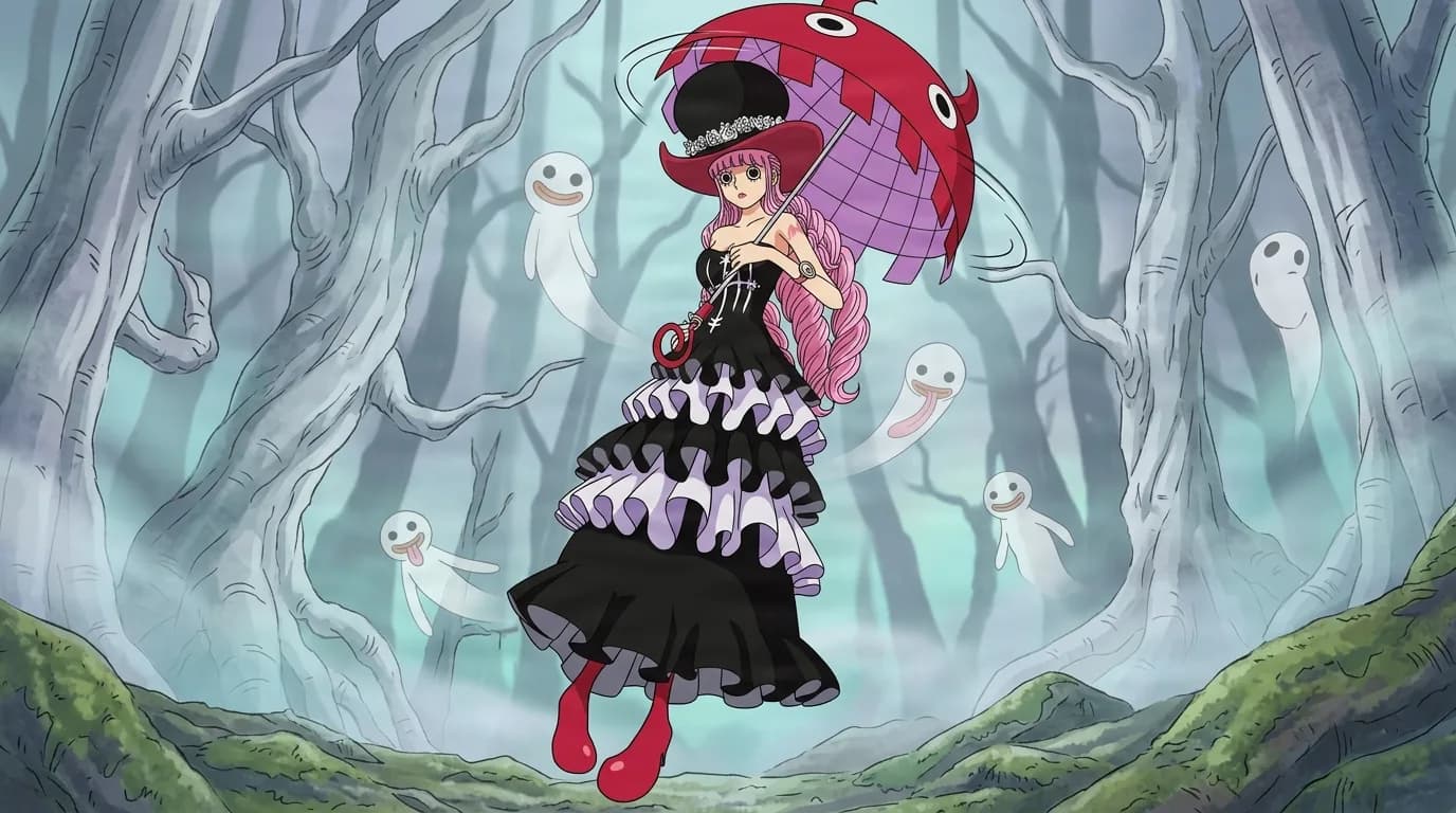 Pink twin drilled girl in a black gothic dress and red hat holds a red umbrella while floating among smiling ghosts in a misty forest