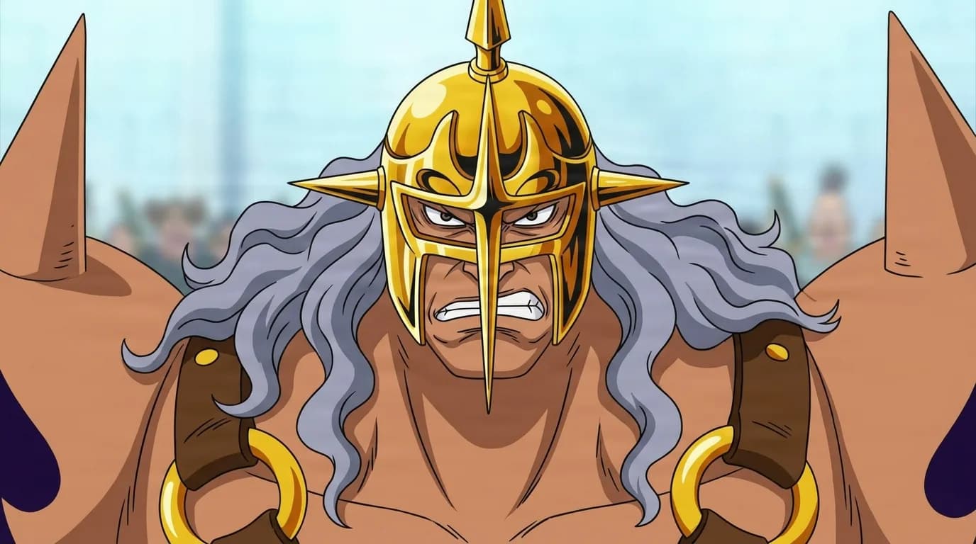 Pica from One Piece in a close-framed cel-shaded anime scene with a detailed environment