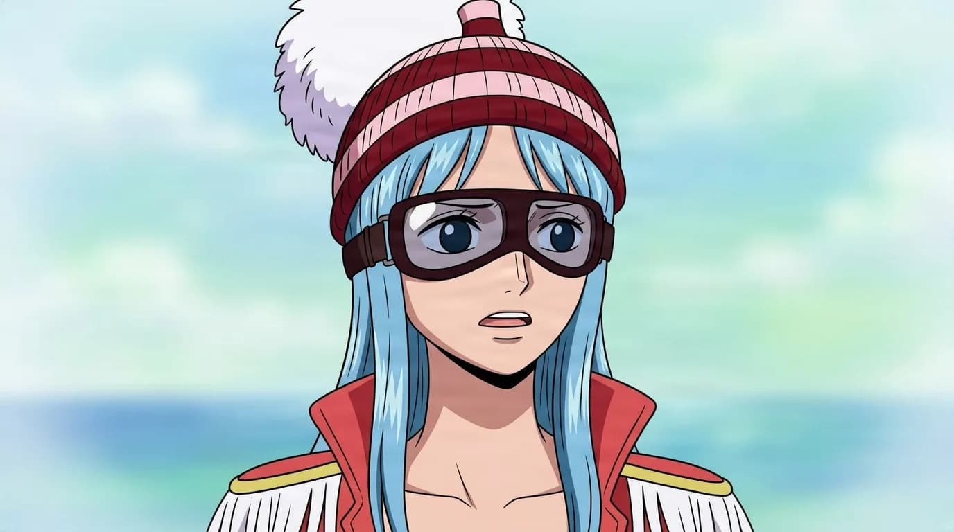 Porche from One Piece in a close-framed cel-shaded anime scene with a detailed environment