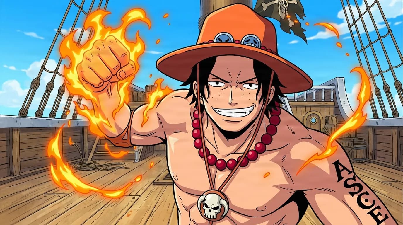 Grinning shirtless young pirate in an orange cowboy hat thrusts a flaming fist toward the viewer on a sunlit ship deck, red bead necklace with a skull medallion at his chest and a tattoo on his arm.