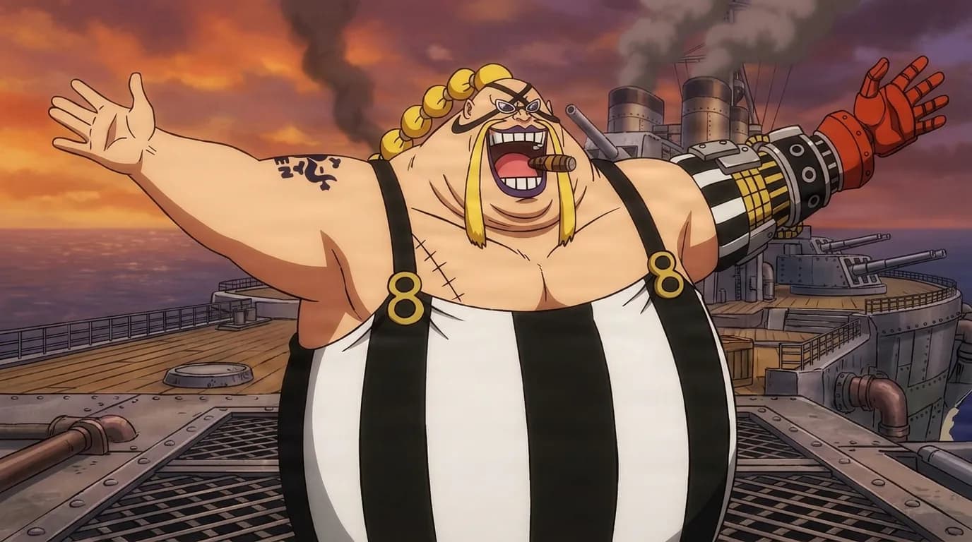 A hugely obese blonde man with dreadlock curls and dark sunglasses laughs with a cigar in his mouth, one arm thrown wide and a mechanical red-handed arm on the other side, standing on a battleship deck at sunset