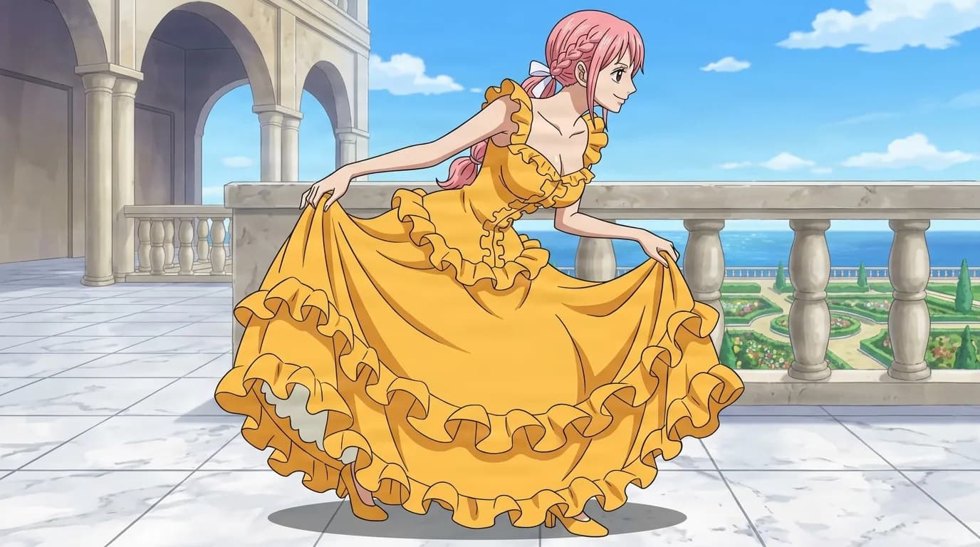 Pink haired gladiator in a flowing yellow ruffled gown curtsies on a sunlit marble balcony above a seaside garden